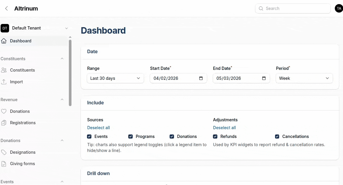 Altrinum product preview showing events, giving, and reporting workflows
